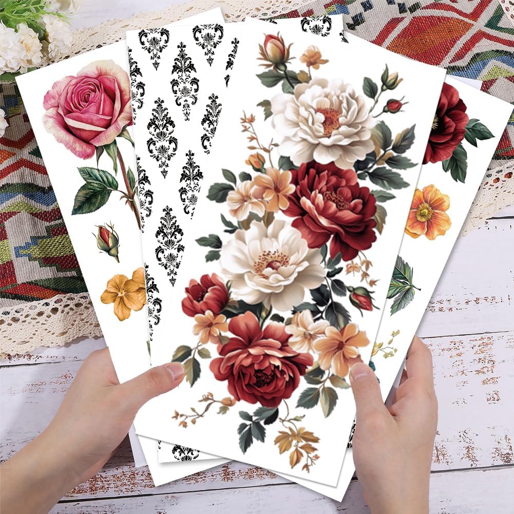 GLOBLELAND 4 Sheets Vintage Peony Flowers Transfer 11.8x5.9inch Flower Background Rub on Transfer Rose Self-Adhesive Wall Art Decals for Bedroom Living Room Desk Table Decoration