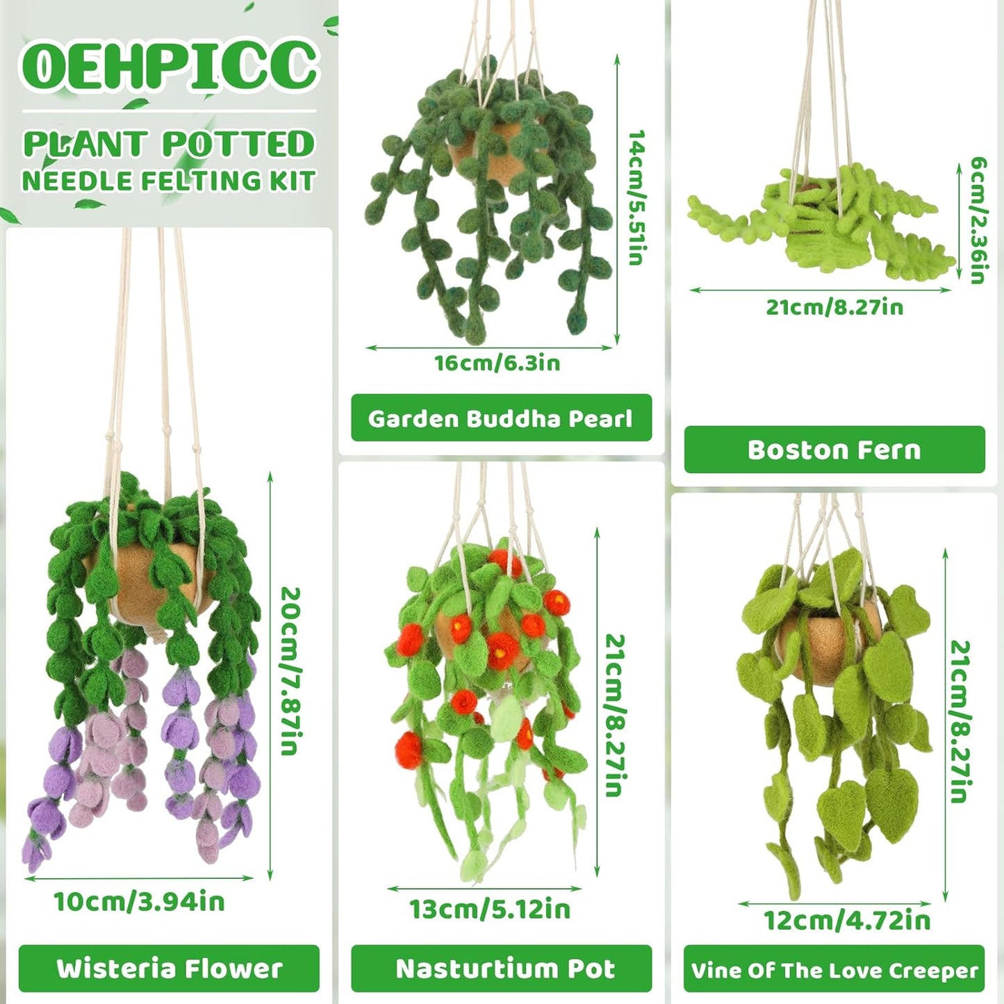 OEHPICC Needle Felting Kit, 5 Pack Hanging Plants Needle Felt Beginner Kit, Including Basic Felting Tools, Instructions, Felt Craft Kit for Indoor Outdoor Office and Home Decor
