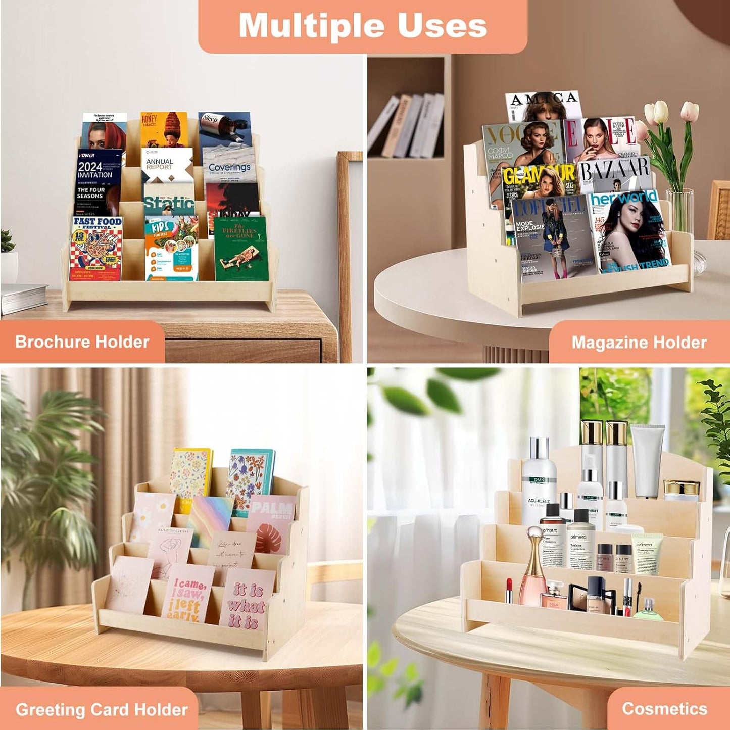 4-Tier Wooden Greeting Card Display Stand, Sticker Organizer Rack, Retail Counter Holder for Postcards and Photos& Stationery Vendors (Burlywood)