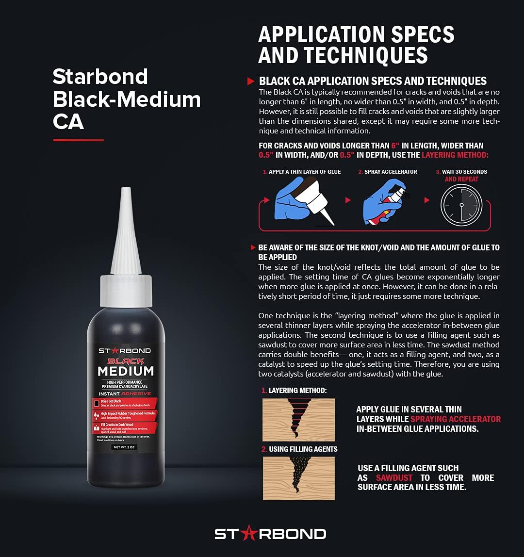 Starbond Black Medium CA Glue, Premium Cyanoacrylate Super Glue, Crack Filler 150 CPS Viscosity, for Woodworking, Woodturning, Carpentry, Guitar, RC, Hobby, 2oz