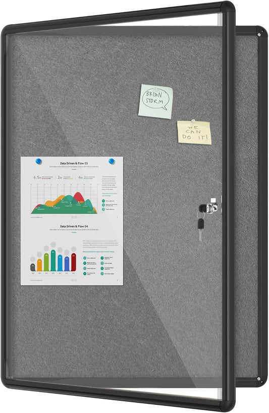 38"x28" Enclosed Bulletin Board, Lockable Weather-Resistant Aluminum Cork Noticeboard for Hospital School & Office, Black Frame w/Grey Flet