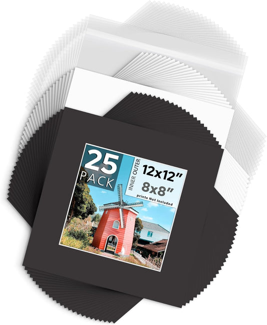 Mat Board Center, Pack of 25, 12x12 for 8x8 Black Mat Kit - Acid Free, 4-ply Thickness, White Core - Includes Backing Boards and Clear Bags - for Pictures, Photos, Framing