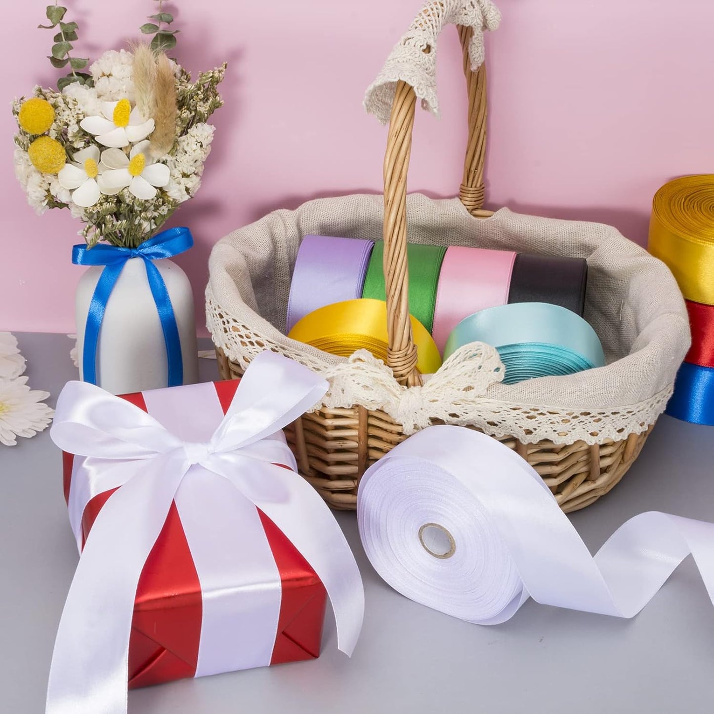 1 1/2 Inch White Solid Satin Ribbon, 50 Yards Craft Fabric Ribbon for Gift Wrapping Floral Bouquets Wedding Party Decoration