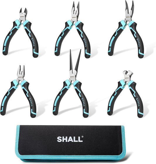 SHALL Mini Pliers Set, 6-Piece Small Pliers Tool Set Includes Needle Nose, Long Nose, Bent Nose, Diagonal, End Cutting and Linesman for Making Crafts, Electronic Repairing & Jewelry with Pouch
