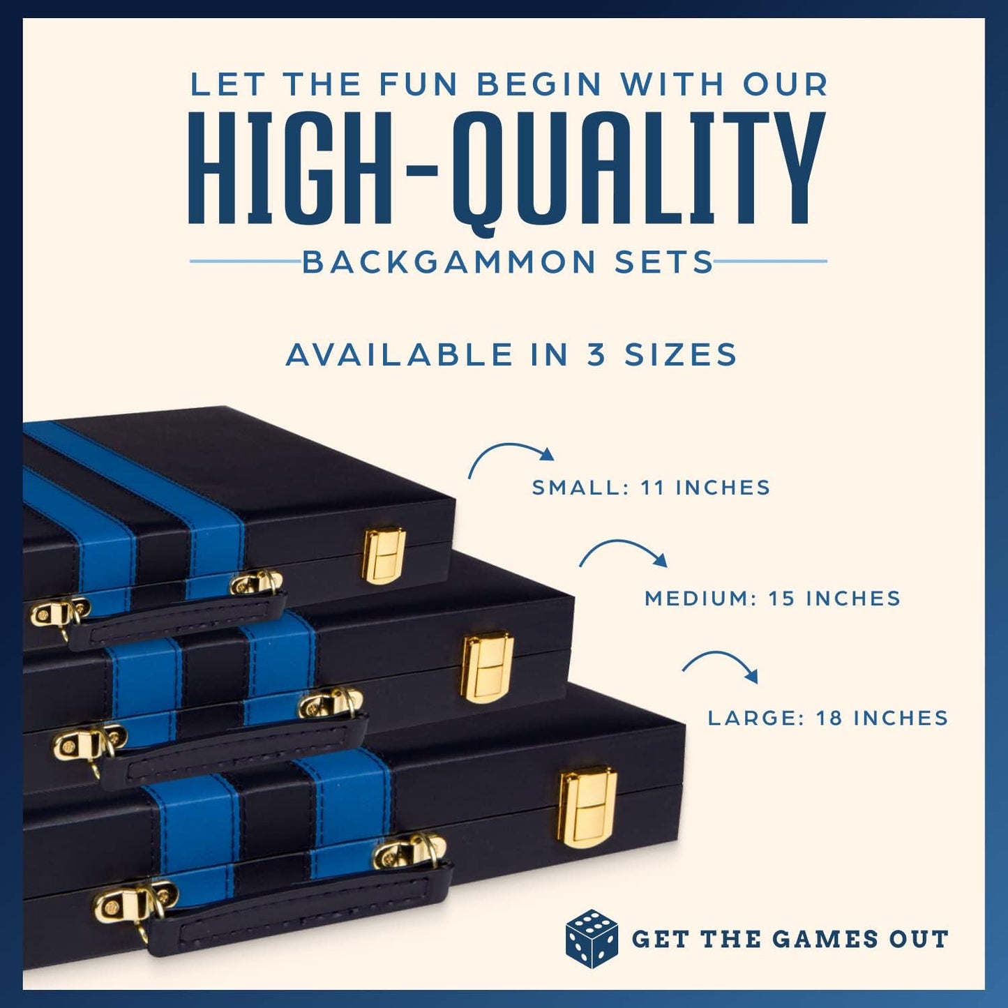 Get The Games Out Top Backgammon Set - Classic Board Game Case - Best Strategy & Tip Guide - Available in Small, Medium and Large Sizes (Blue, Large)