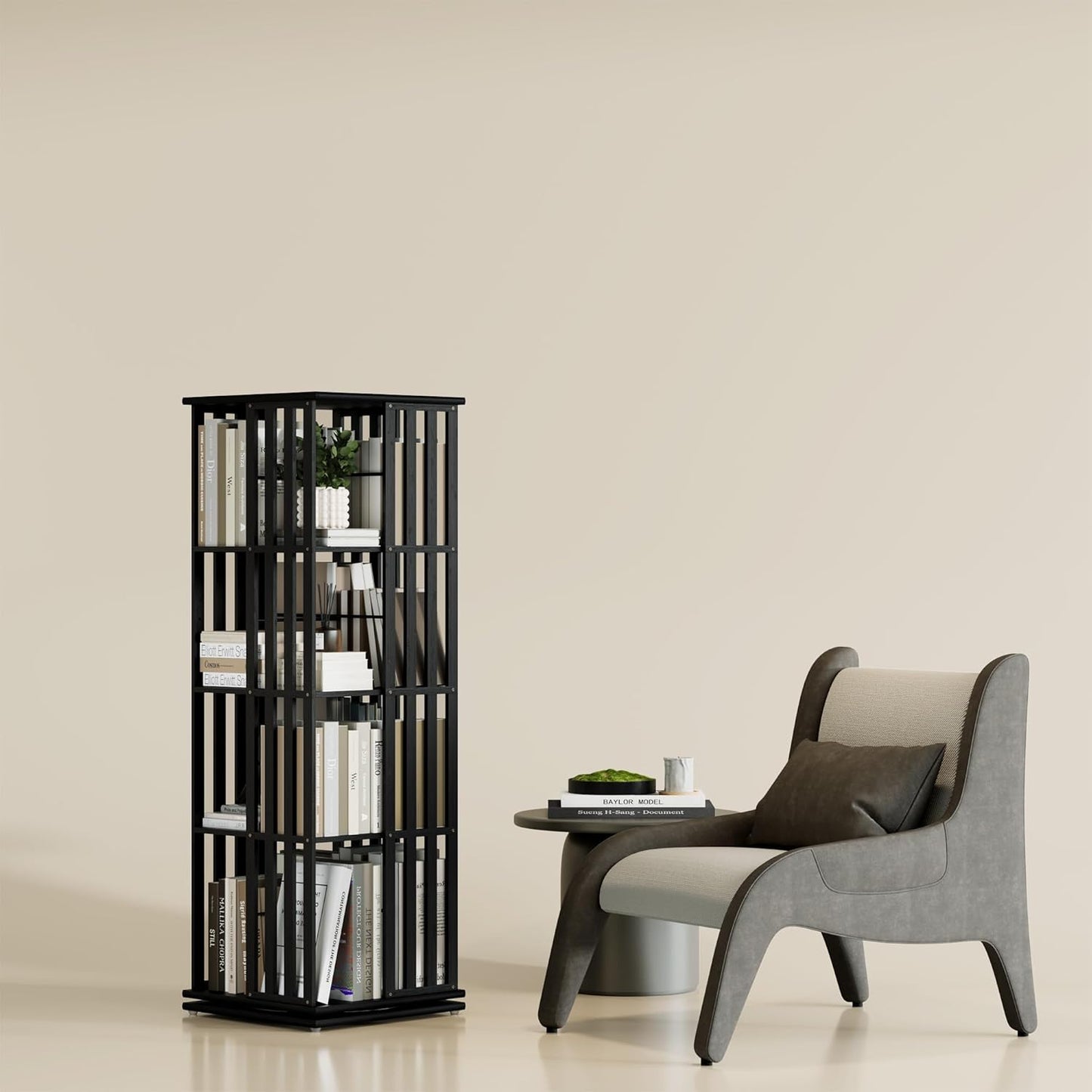 YOWOS Rotating Bookshelf Tower, 360 Display Spinning Bookcase, Bamboo Bookshelf Floor Standing Storage Rack, Wood Narrow Book Shelf Organizer for Kids&Adults (Black, 4 Tier)