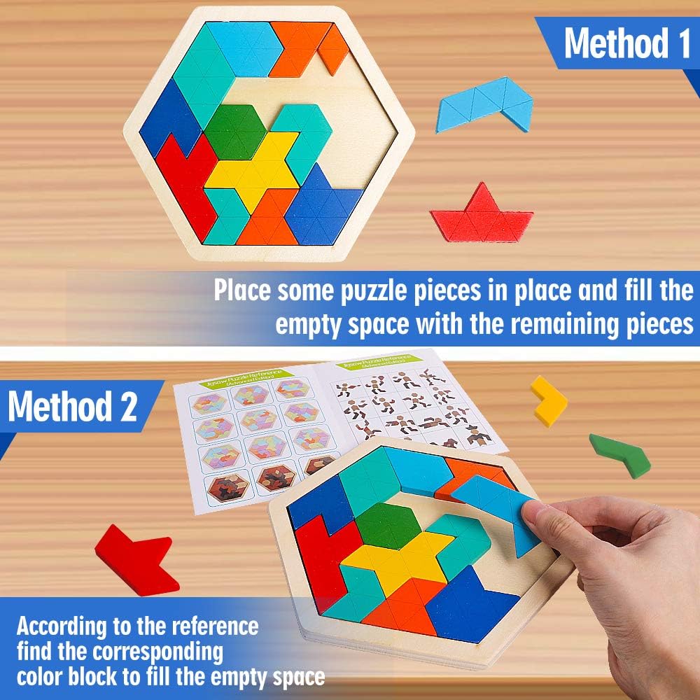 Skrtuan Wooden Hexagon Puzzle for Kid Adults Brain Teaser Blocks Puzzles Games Toy Shape Pattern Block Tangram Geometry Logic IQ STEM Montessori Educational Gift for Kids Children Boys Girls