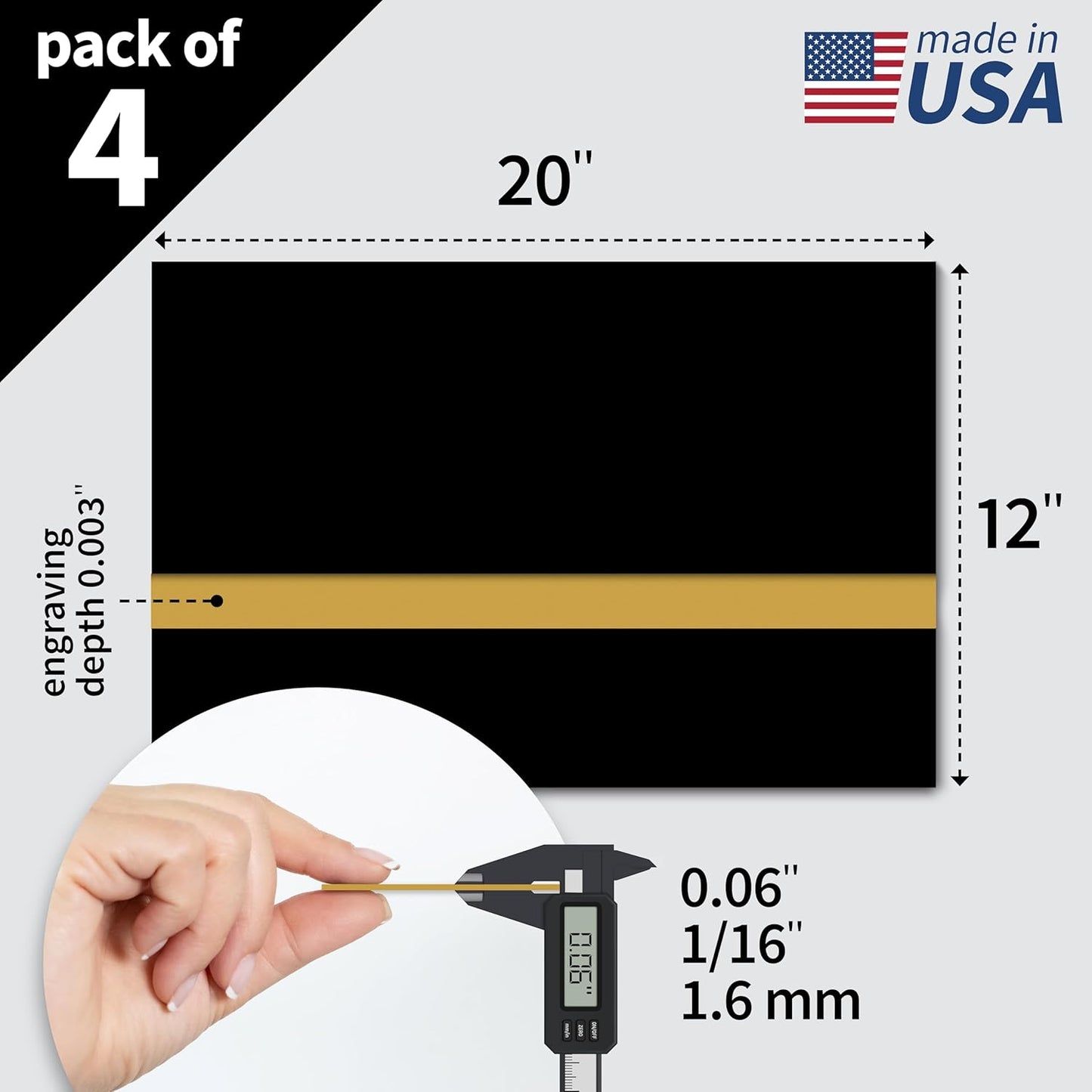 Trotec TroLase | 12"x20"x1/16", 4 Pcs | Black/Gold | 2 Ply | Modified Acrylic | Laser Engraving Double Color Plastic Sheet | Engraving Blanks for Laser, Saw, Guillotine | Made in USA