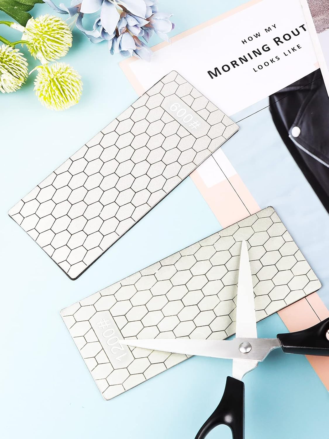 2PCS Diamond Sharpening Stone, Kalolary Knife Sharpener Stone Whetstone Honeycomb Surface Diamond Sharpener Plate with Non-slip Base for Pocket Knives Scissors, Outdoor Kitchen Tools (600/1200 Grit)