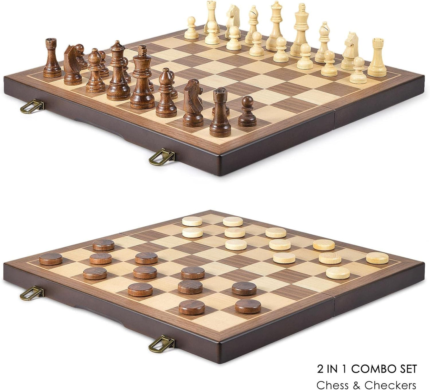 AMEROUS Magnetic Wooden Chess and Checkers Game Set, 15 Inches (2 in 1) Chess Board Games, 2 Extra Queens - Gift Package - Game Pieces Storage Slots, Beginner Chess Set for Kids, Adults