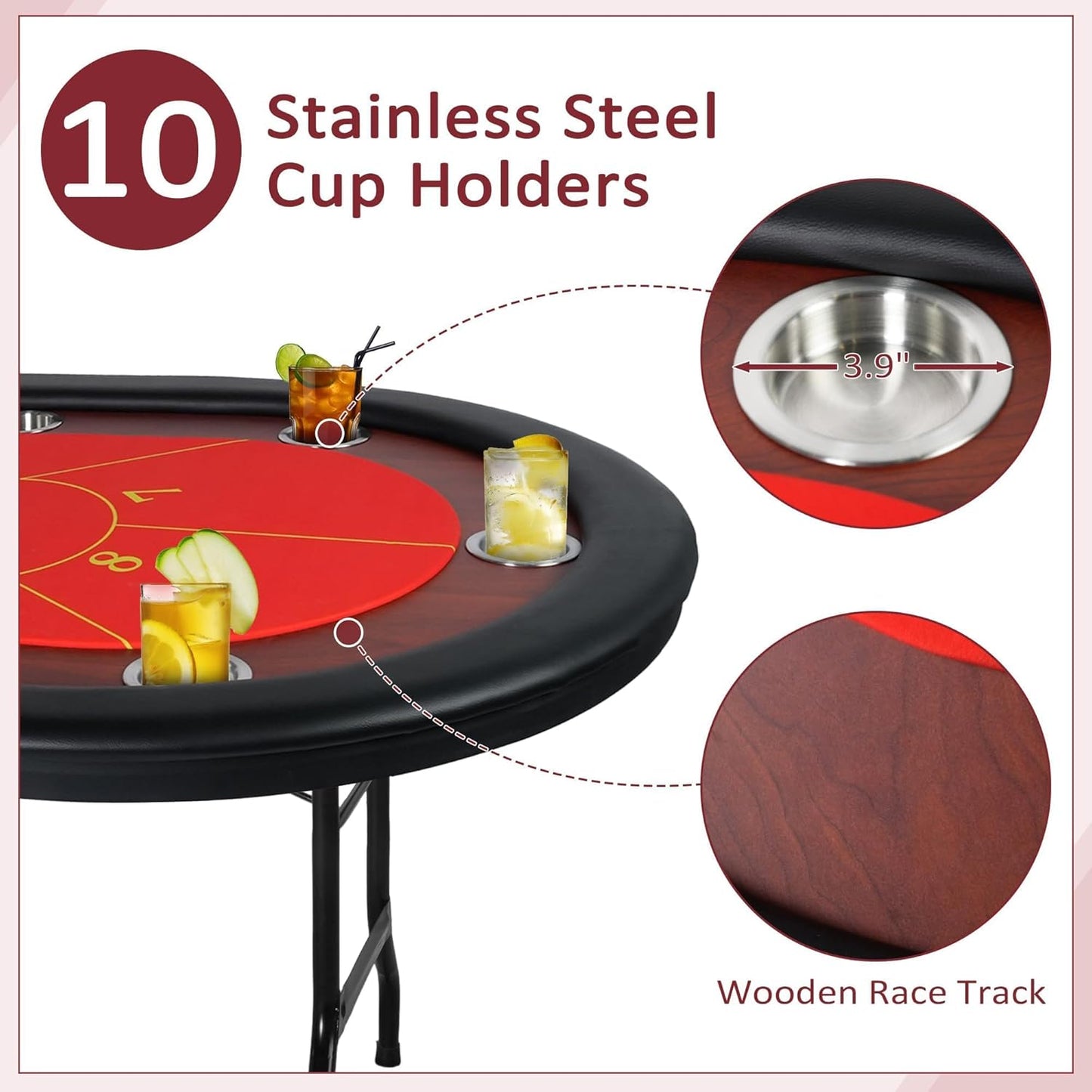 Upgrade 84" Folding Poker Table, 10 Players Oval Card Table with Stainless Steel Cup Holders & Padded Rails, Casino Leisure Felt Surface Texas Hold 'em Poker Table, Red