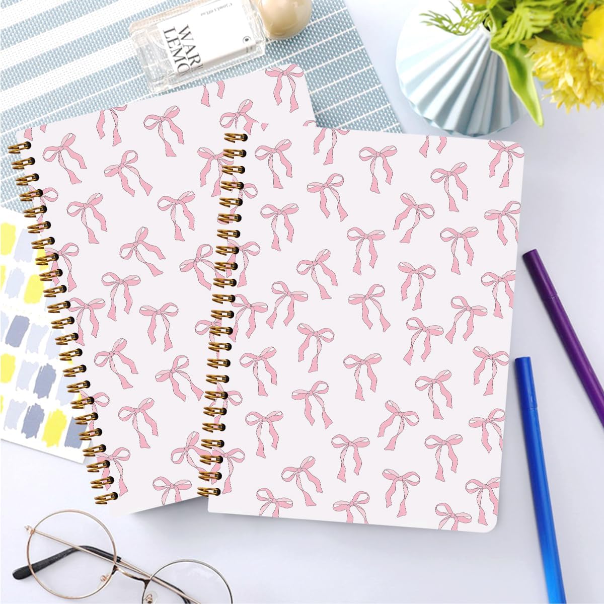 2 PCs Pink Bow Journaling Notebooks Trendy Preppy Spiral Notebook Cute Coquette Aesthetic Design Gifts for Women Teen Girls Note Books Journals for Writing Hardcover Notebook Office Classroom Supplies