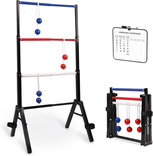 Outdoor Games Ladder Ball Set - Patented Assembly Free Portable Ladder Toss - Steel Frame Includes Carrying Case, 6 Bolas and Scoresheet