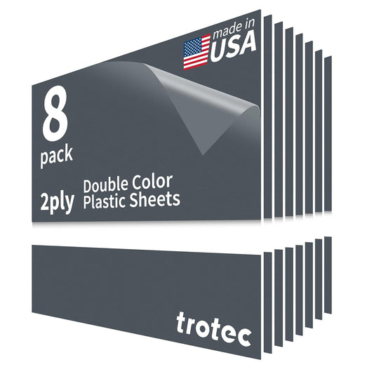 Trotec TroLase | 12"x12"x1/16", 8 Pcs | Smoke Grey/White | 2 Ply | Modified Acrylic | Laser Engraving Double Color Plastic Sheet | Engraving Blanks for Laser, Saw, Guillotine | Made in USA