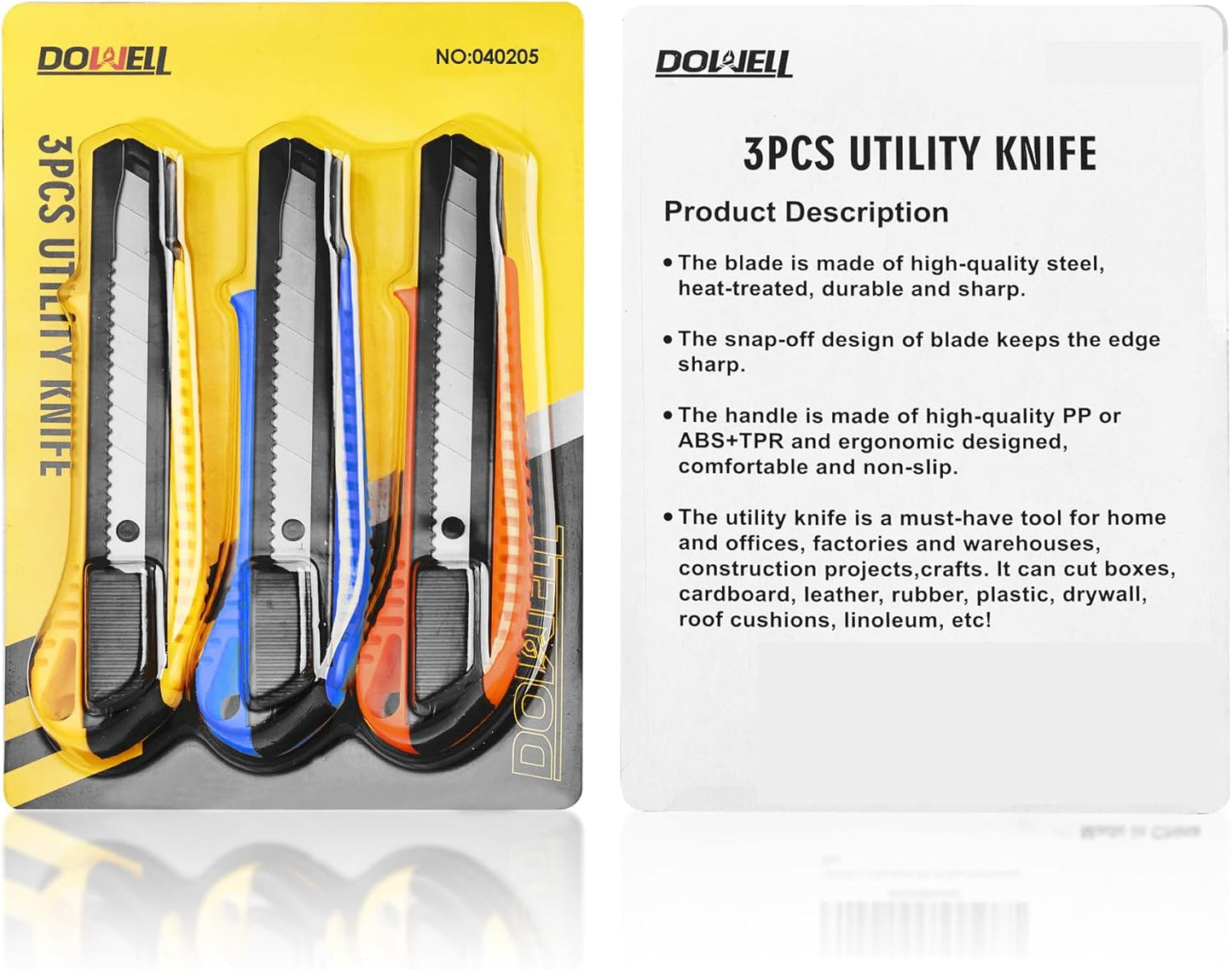 DOWELL Box Cutter Utility Knife Retractable Snap Off Blades Hobby Knife 3 Pack for Cutting Cardboard Boxes Leather (3 Colors)