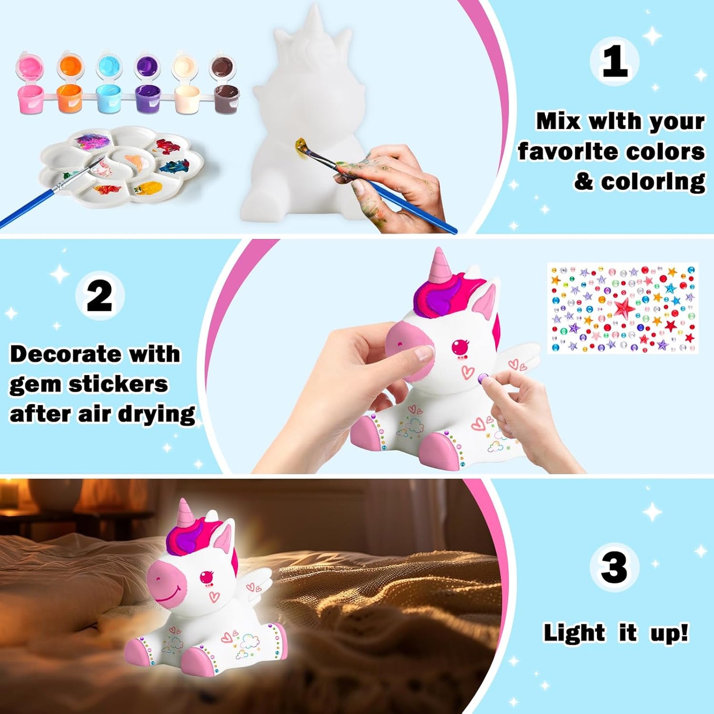 FUNZBO Paint Your Own Unicorn Lamp Kit - Halloweens Arts and Crafts Supplies Painting Kits for Kids Teens, DIY Night Light Unicorn Toy for Toddler Girls Age 3 4 5 6 7 8 9 10 11 12 13 + Birthday Gifts