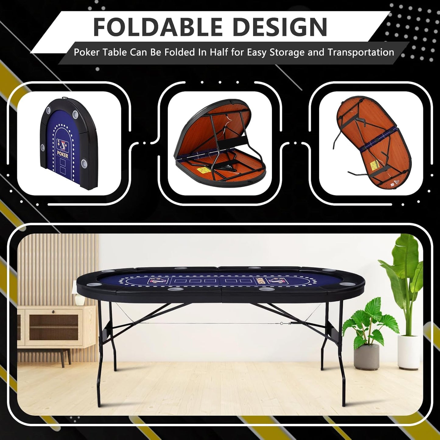 71" Foldable Poker Table for 8 Players, Professional Texas Hold'em Casino Table with Padded Rails& Cup Holders, Casino-Grade Felt Folding Game Table for Blackjack, Home, Parties, Game Nights