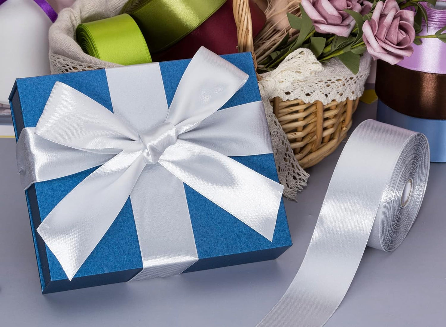 1 1/2 Inch Silver Solid Satin Ribbon, 50 Yards Craft Fabric Ribbon for Gift Wrapping Floral Bouquets Wedding Party Decoration