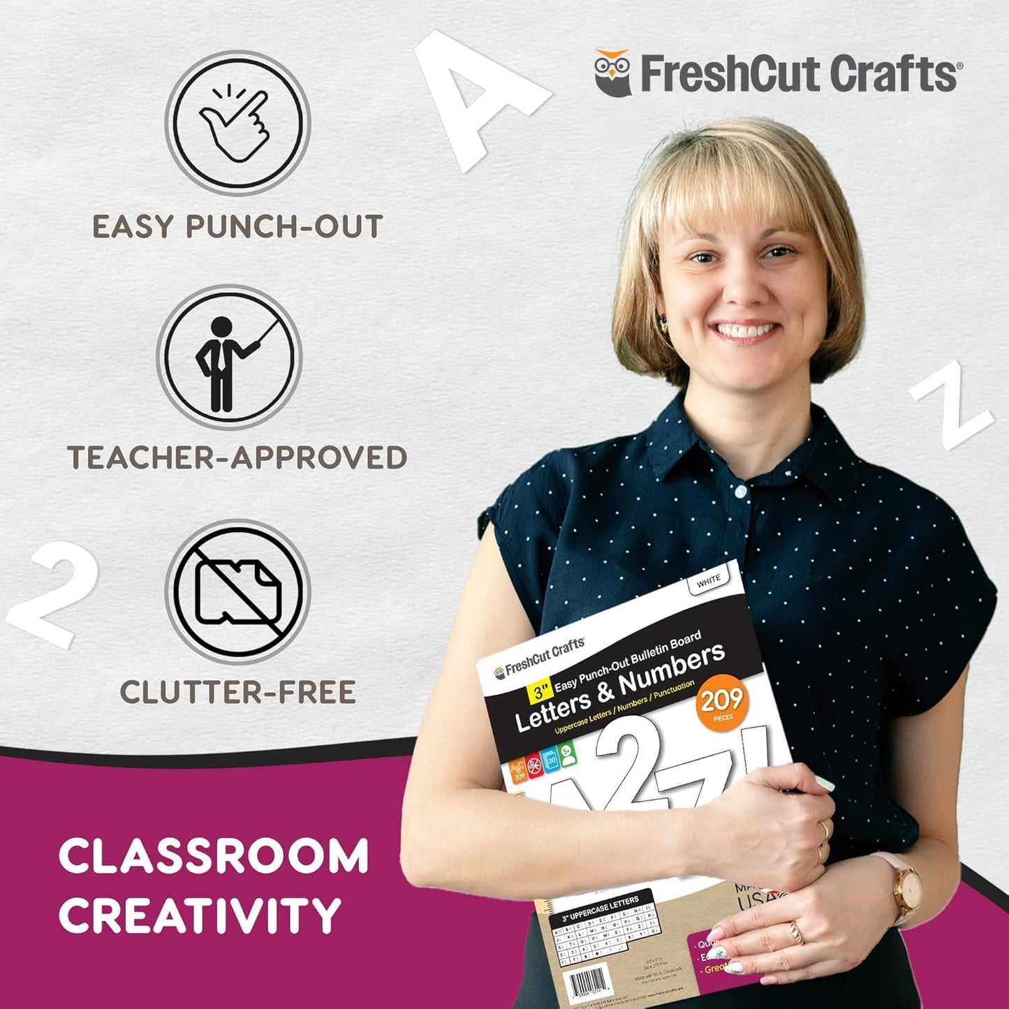 209 Pcs 3 in. White Bulletin Board Letters & Numbers, Capital Letters, Numbers, Punctuation, US Made Card Stock Punch Out Letters for Poster, Bulletin Board, Classroom