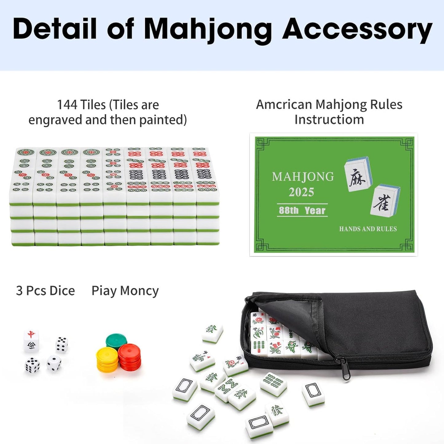 Chinese Mahjong Tile Set,144 Tiles White Green Melamine Tiles with Carrying Travel Case,Portable Mahjong Game Set