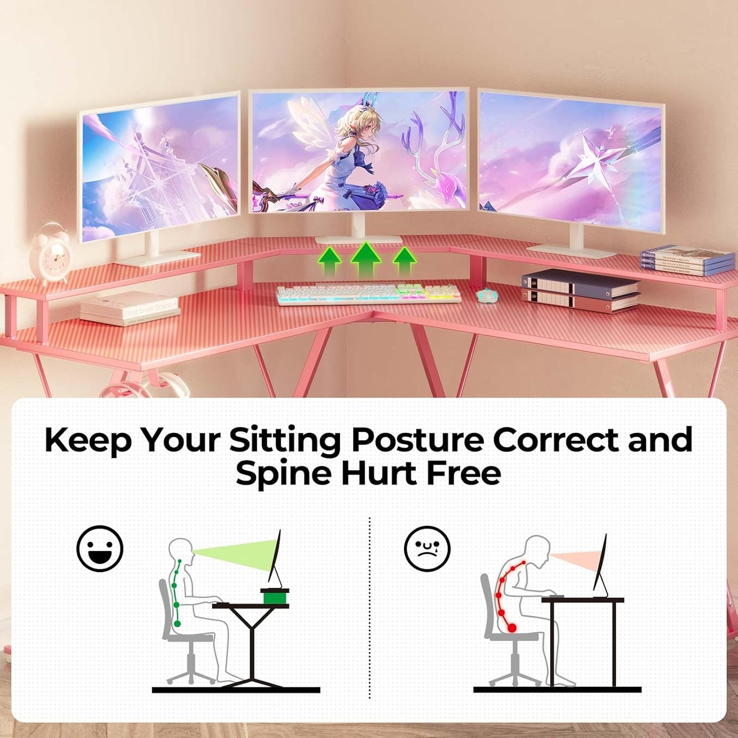 SEVEN WARRIOR Gaming Desk 50.4” with LED Light & Power Outlets, L-Shaped Gaming Desk Carbon Fiber Surface with Monitor Stand, Ergonomic Gamer Table with Headphone Hook, Pink