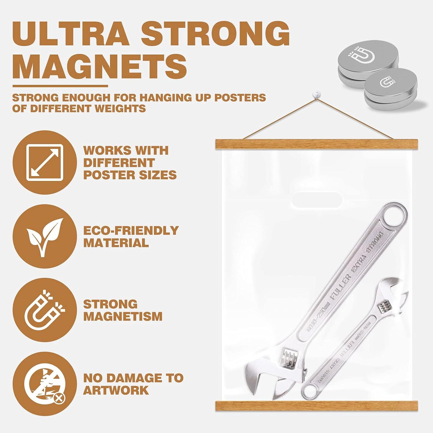 Ywlake Magnetic Poster Hanger, 14x22 14x20 14x24 Poster Frame Wood Wooden Magnet Print Posters Dowel Scroll Hanger Hangers Hanging Kit for Walls Map Canvas Artwork (Teak Wood, 14")