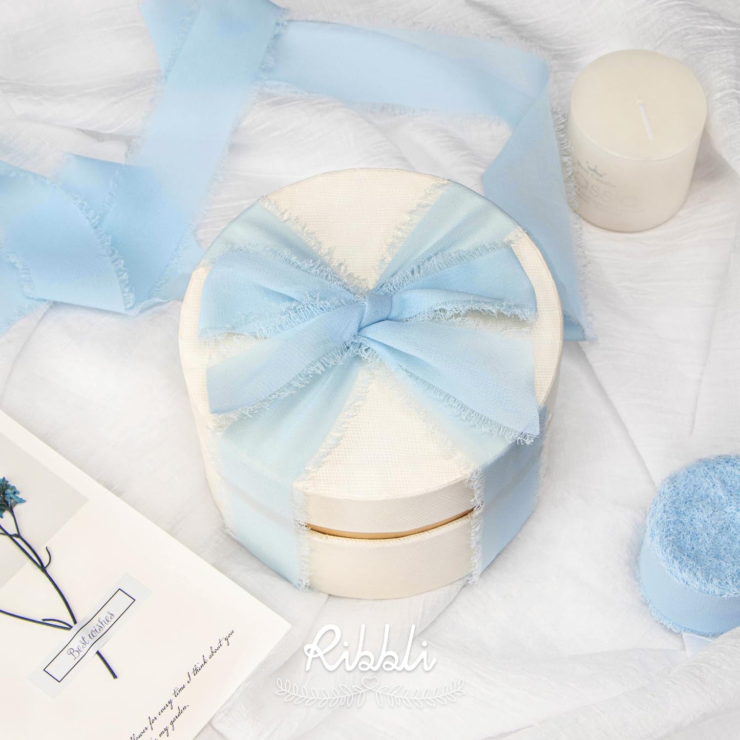 Ribbli Baby Blue Chiffon Ribbon 1-1/2 inch x 20 Yard Handmade Fringe Chiffon Silk Ribbon, Light Blue Ribbon for Wedding Invitations, Bridal Bouquets Wrapping, Flower Arrangement Decoration