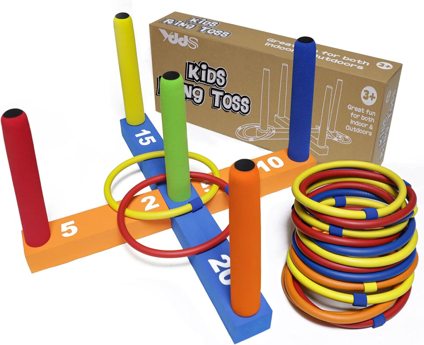 Ring Toss Game for Kids, Indoor & Outdoor Game for Family and Adults with 5 Poles, 2 Bases and 16 Rings in 4 Colors, Soft Foam Toy for Kids Backyard Ring Toss Fun