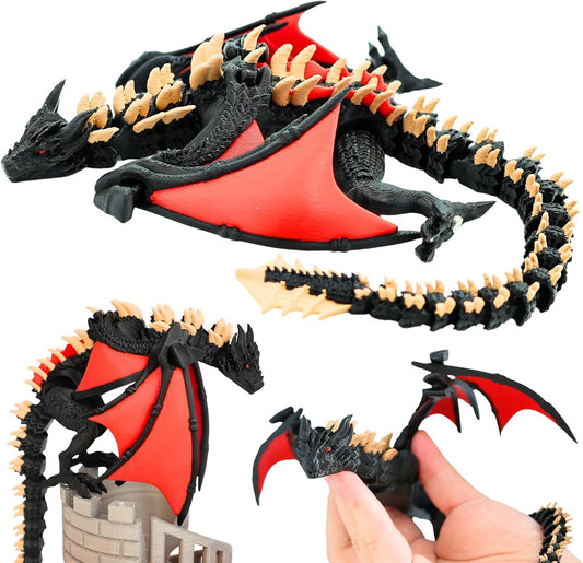 3D Printed Dragon - 12 inch Flying Flexible Dragon with Wings, Home Decor, Birthday Gift, Desk Pet(Red Black-Dragon)