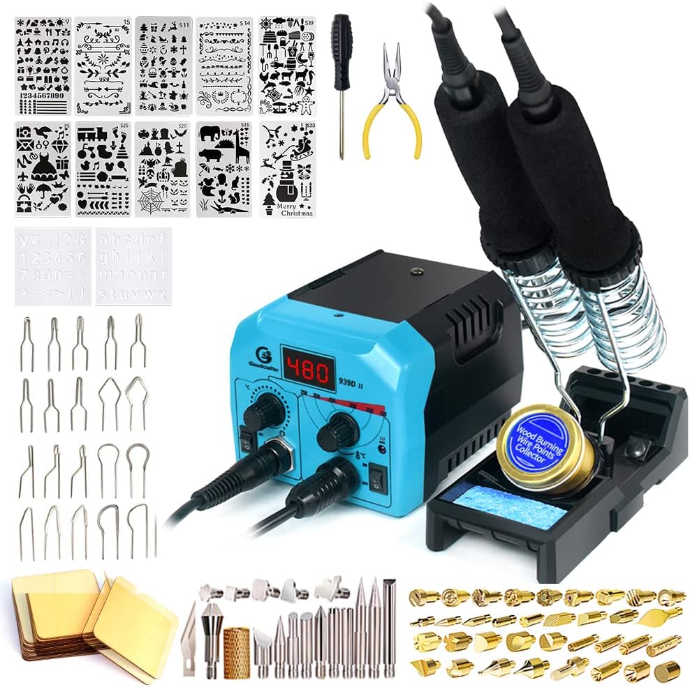 Goodcrafter Pyrography Pen 2-IN-1 Wood Burning Kit 101-IN-1,200~480°C (withTemp Display)/Wire-Nib 250~750°C Temp adjustable with 20 Nibs,53 Solid Points,12 Stencils and 15 Wood Chip(Mother's Day gift）