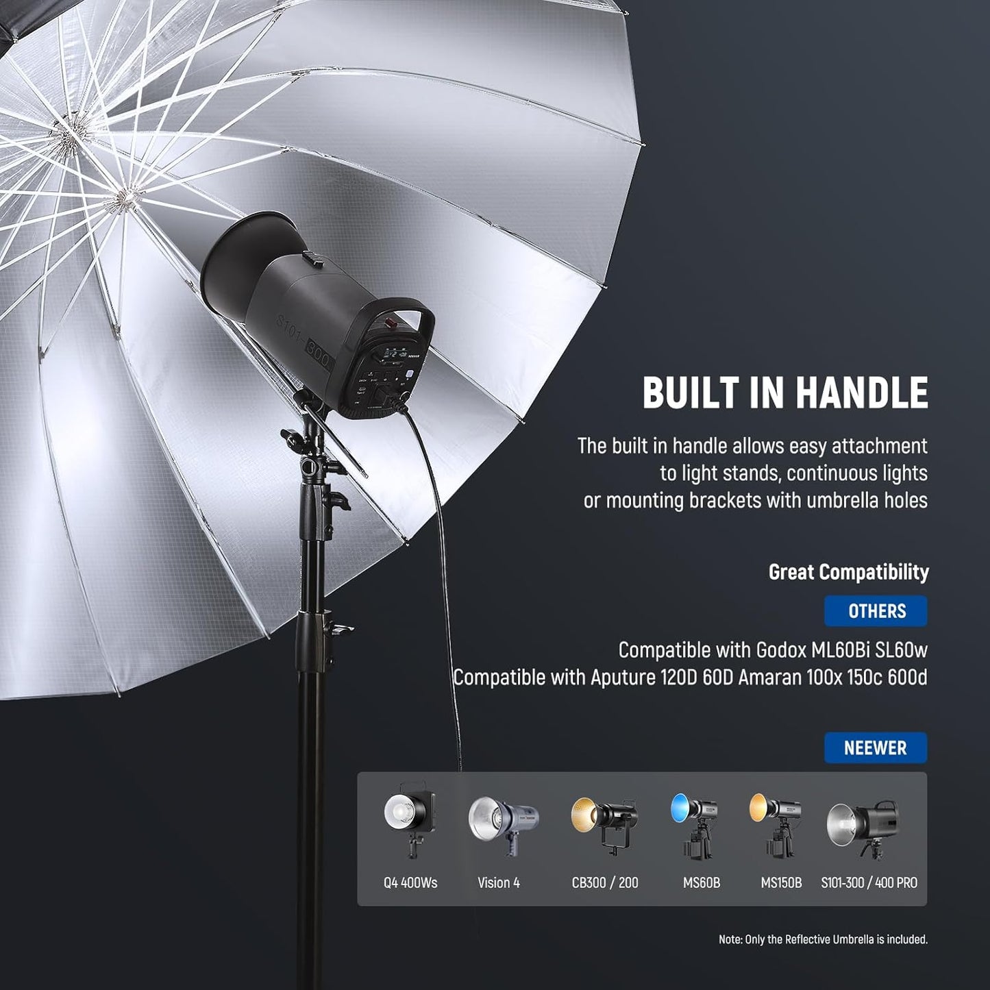 NEEWER 65"/165cm Parabolic Reflective Umbrella Photography with Silver Inner, Soft Lighting with Diffuser Cover, Bag, Quick Fold for Camera Photo Studio Video Light Shooting Monolight Flash, NS3U