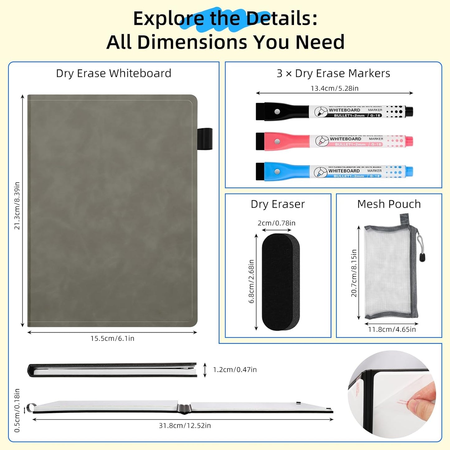 AGM Portable White Board Dry Erase Notebook, 8.4" x 6" Double Sided Folding Whiteboards with 3 Pens, Small Travel Dry Erase Board Skin-Friendly Material for Study, Meeting, Planning, Grey