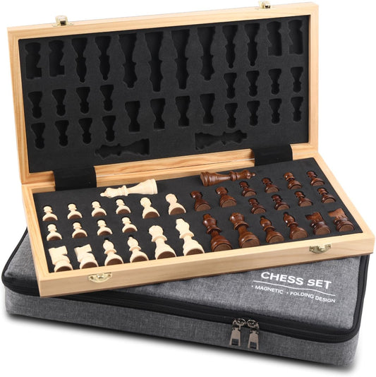 Wooden Chess Set with Folding Board - 15" Classic Magnetic Chess Set with Protective Bag for Adults, Chess Lovers Tournament Professional Beginner