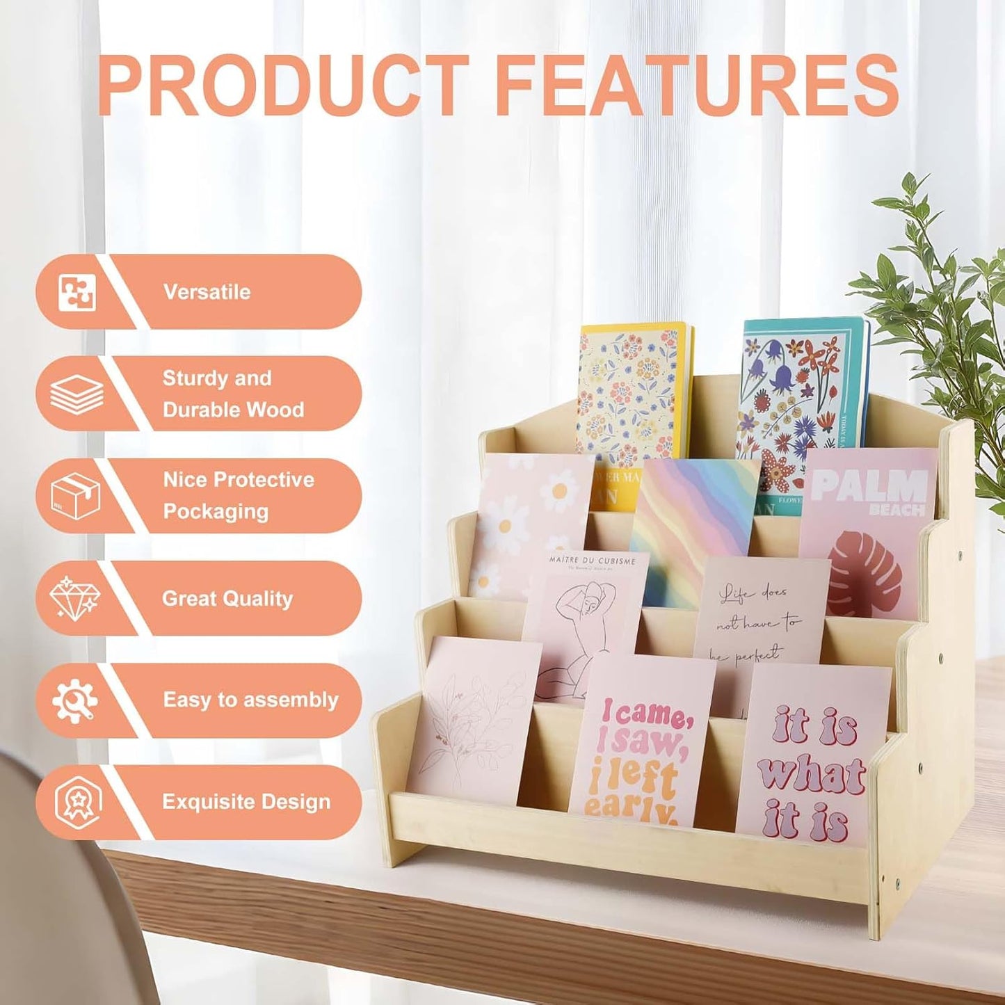 4-Tier Wooden Greeting Card Display Stand, Sticker Organizer Rack, Retail Counter Holder for Postcards and Photos& Stationery Vendors (Burlywood)