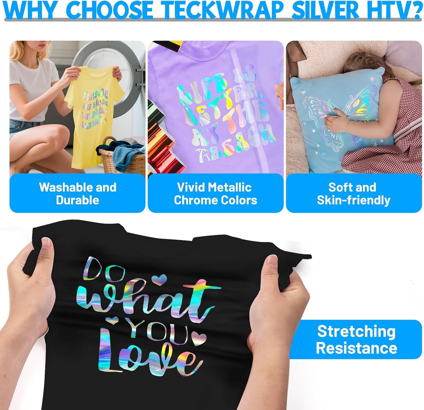 TECKWRAP Heat Transfer Vinyl HTV - 12" x 5ft Rainbow Silver HTV Iron on Vinyl for t-Shirts Easy to Cut & Weed for All Cutter Machine & Heat Press