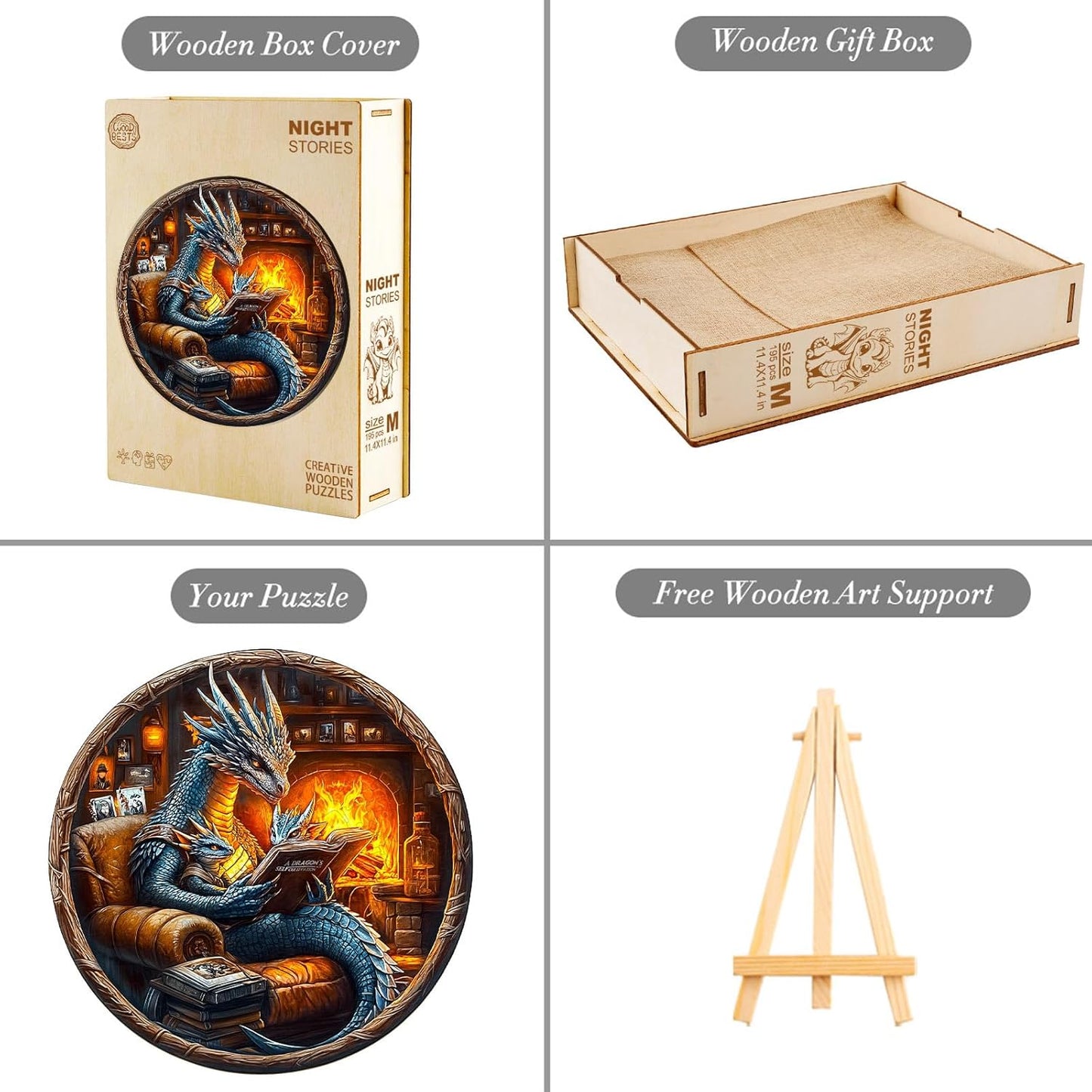 Wooden Puzzles for Adults, Dragon Family Night Reading Wooden Jigsaw Puzzle 450 PCS Unique Shape Wood Puzzle Adult, 3D Visual Effect Flat Puzzle Birthday Family Games (XL-17.3 * 17.3in)