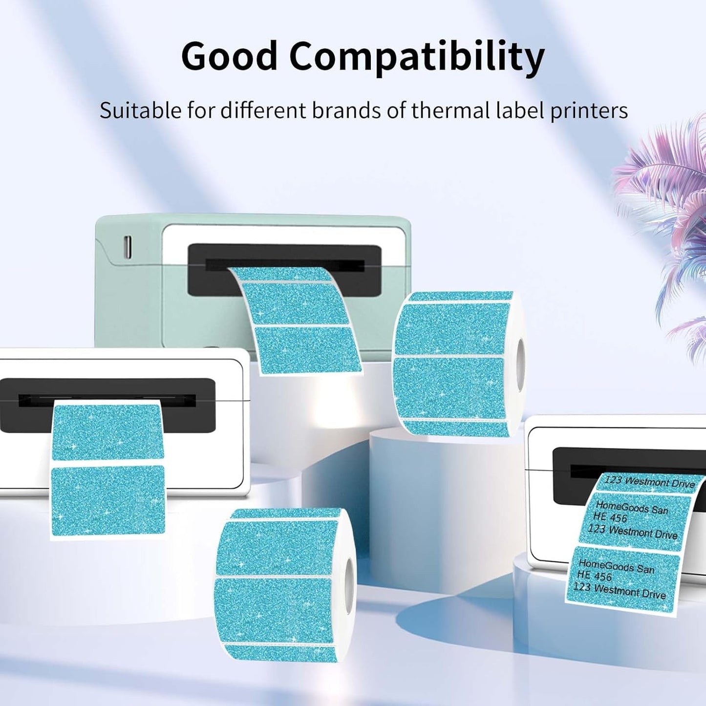 2.25"x1.25" Holographic Thermal Labels Stickers, Glitter Direct Thermal Printer Labels, Waterproof Self-Adhesive Address Shipping Label Stickers, 300 Sheet/ 1 Roll, Holographic Shiny Blue