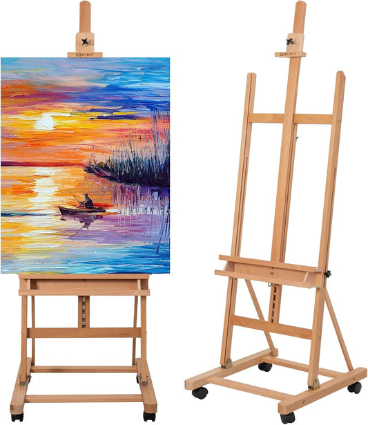 H-Frame Studio Easel, Beechwood Artist Easel with Wheels and Storage Tray, Adjustable Floor Easel Stand Holding Canvas up to 51Inches for Painting, Natural