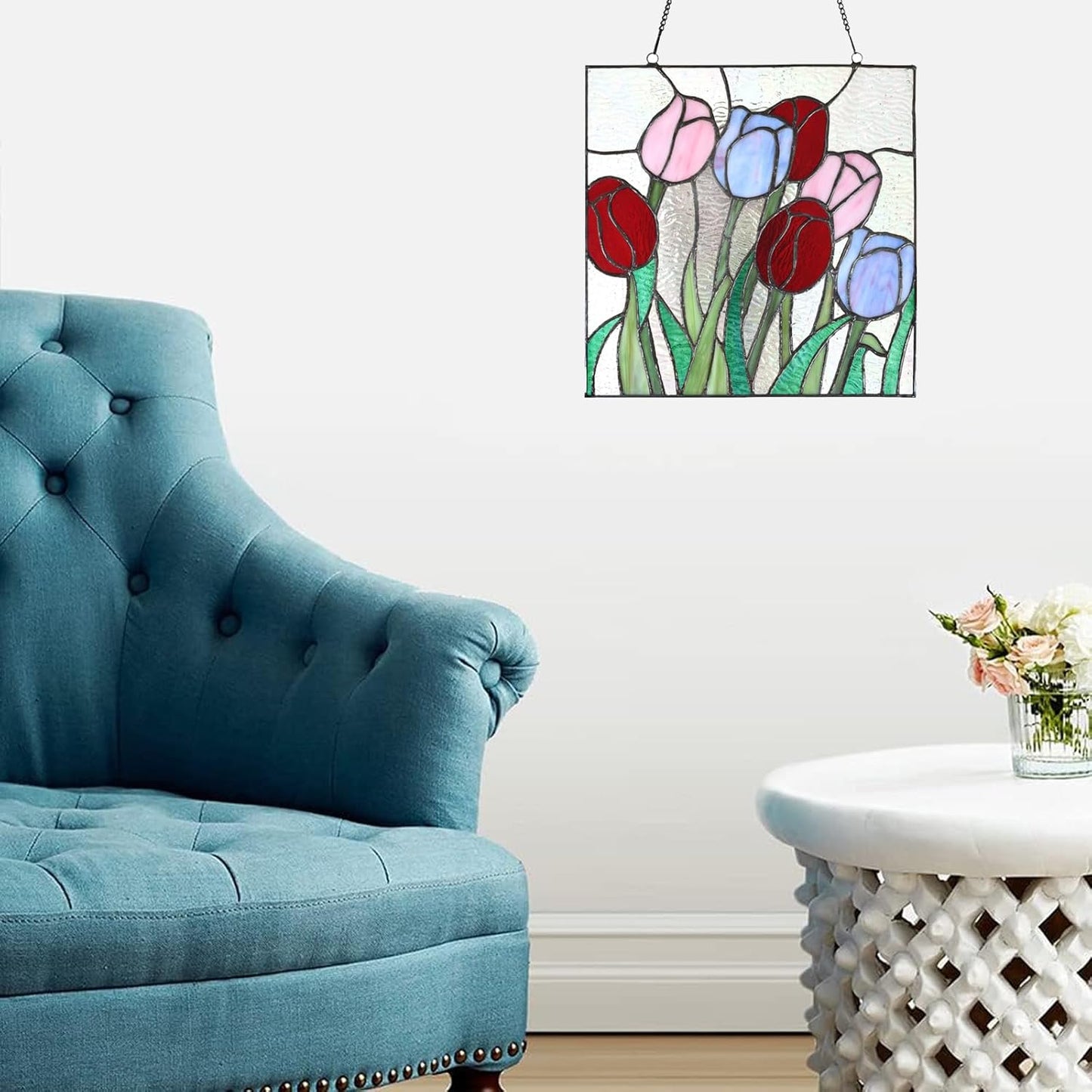 PA0004 Stained Glass Hanging Panel-12 Wx12 H Window Suncatcher Tiffany Style Window Ornament,Tulip Home Hanging Decorations