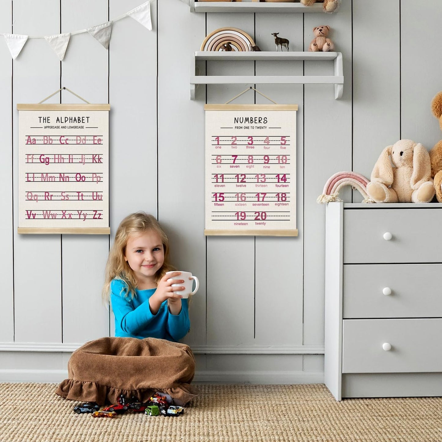 Alphabet and Numbers Wall Chart Set of 2 ,Kids Educational Posters,ABC and 1-20 Number Learning Banners for Toddlers, Preschool Classroom, Homeschool, Nursery, Playroom Decor 14 x 18.5 Inch(Pink)