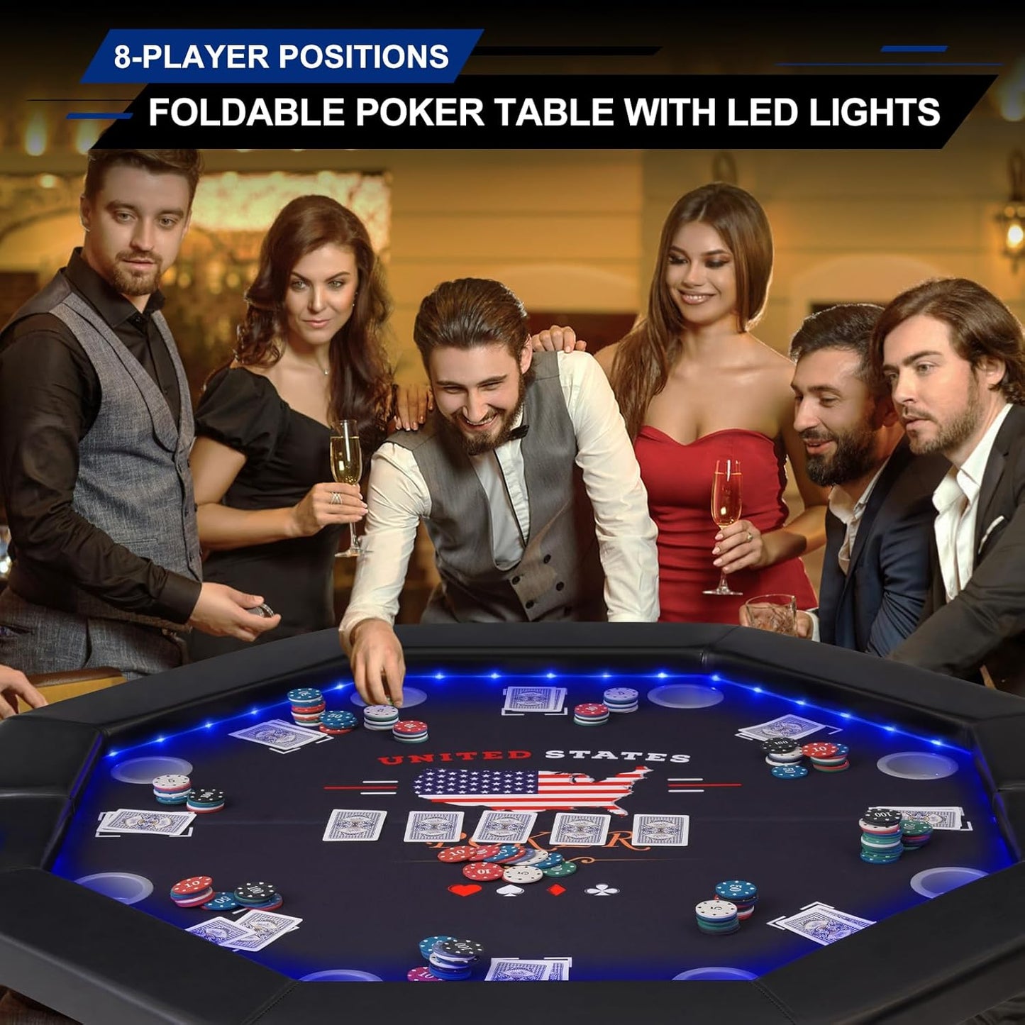 LED Poker Table Foldable, Octagon Casino Leisure Gamimg Table for 8 Player, Folding Texas Holdem Blackjack Table w/Built-in LED Light, Padded Rails & Cup Holders for Home Game Room