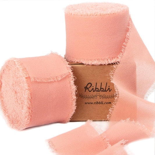 Ribbli Dusty Pink Chiffon Ribbon 1-1/2 inch x 20 Yard Handmade Fringe Chiffon Silk Ribbon for Wedding Invitations, Bridal Bouquets Wrapping, Flower Arrangement Decoration