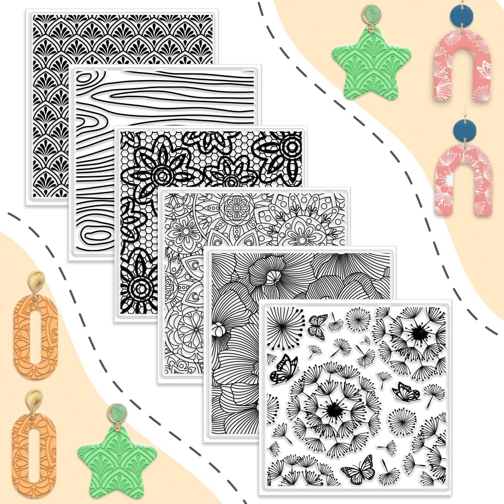 6 PCS Large Polymer Clay Texture Sheets 5.5 x 5.5 Inch Boho Clay Mat Works with Polymer Clay Cutter Pottery Earrings Jewelry DIY Making