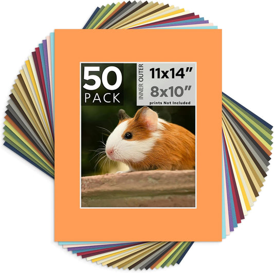 Mat Board Center, Pack of 50, 11x14 for 8x10 Mixed Color Mats - Acid Free, 4-ply Thickness, White Core - for Pictures, Photos, Framing