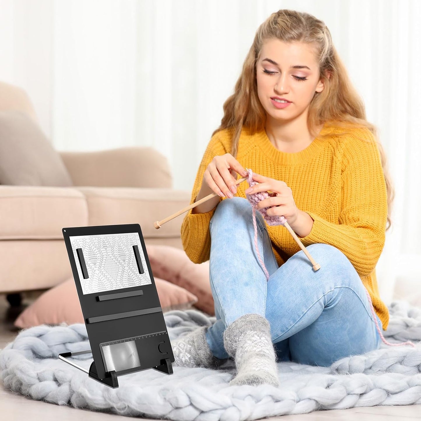 Flutesan 8 Pcs Cross Stitch Accessories and Tools 11.5 x 4.7 Inch Metal Magnet Board Chart Knitting Pattern Holder 2 Bookmark Magnifier with Ruler 1 Bracket 4 Magnet Strips for Crafts Work (Black)