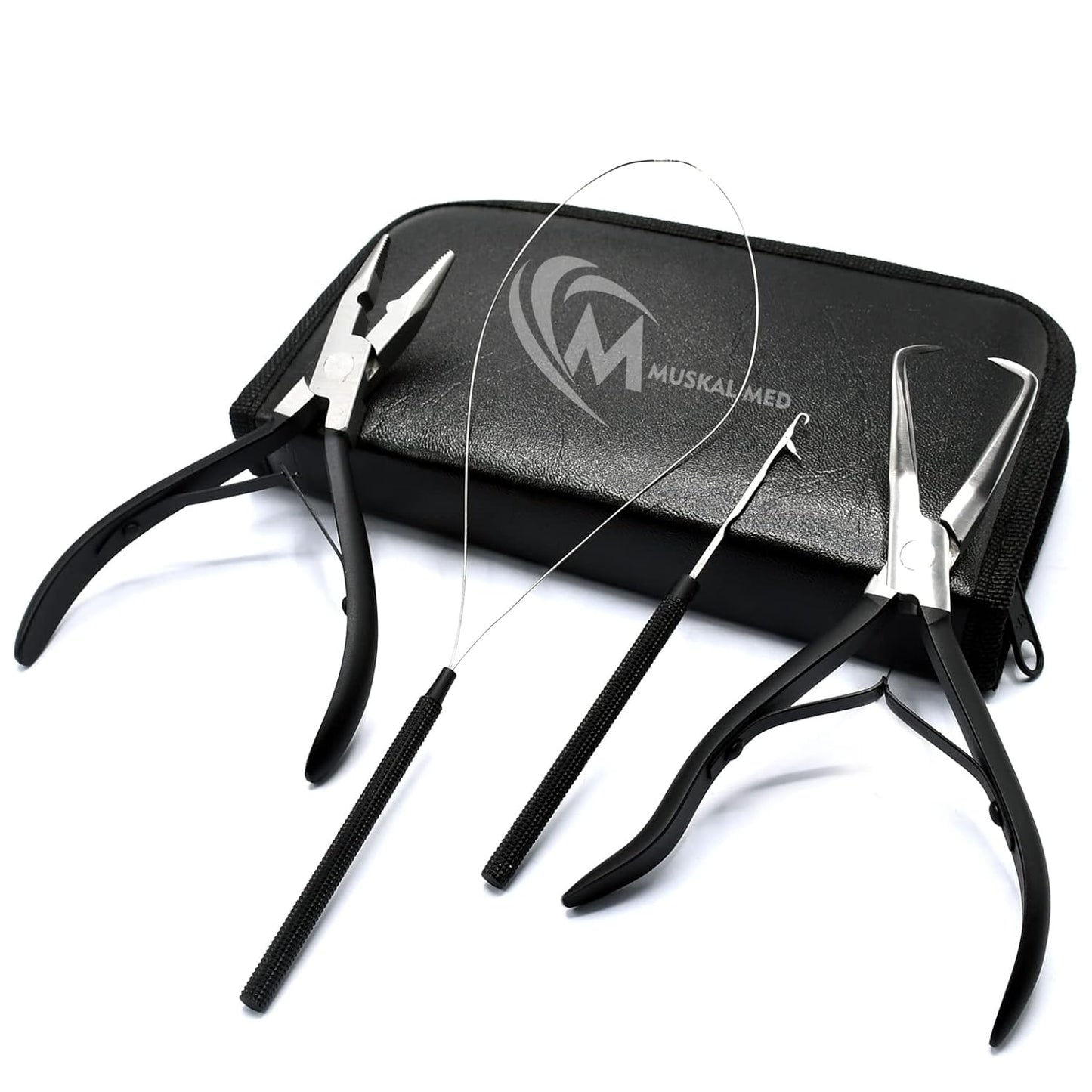 Professional Hair Extension & Beading Tool Kit Remove Plier Set for beads (4 Piece) I-Link Micro Ring Loop Needle Pulling Hook Threader Wire for Silicone Rings (Black)