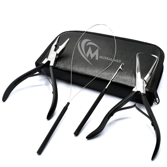 Professional Hair Extension & Beading Tool Kit Remove Plier Set for beads (4 Piece) I-Link Micro Ring Loop Needle Pulling Hook Threader Wire for Silicone Rings (Black)