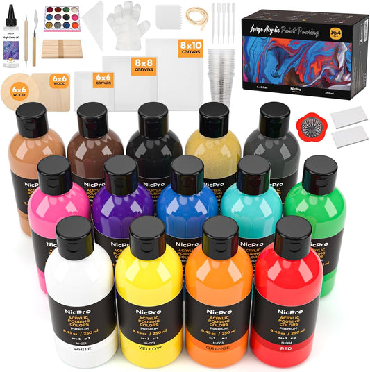 Nicpro 14 Colors 8.45oz Acrylic Pour Paint Supplies Kit, Large Volume Premixed High Flow Painting Bulk Set with Canvas, Wood Natural Slices, Pouring Oil, Tools Gloves, Strainer, Cups for Beginner DIY