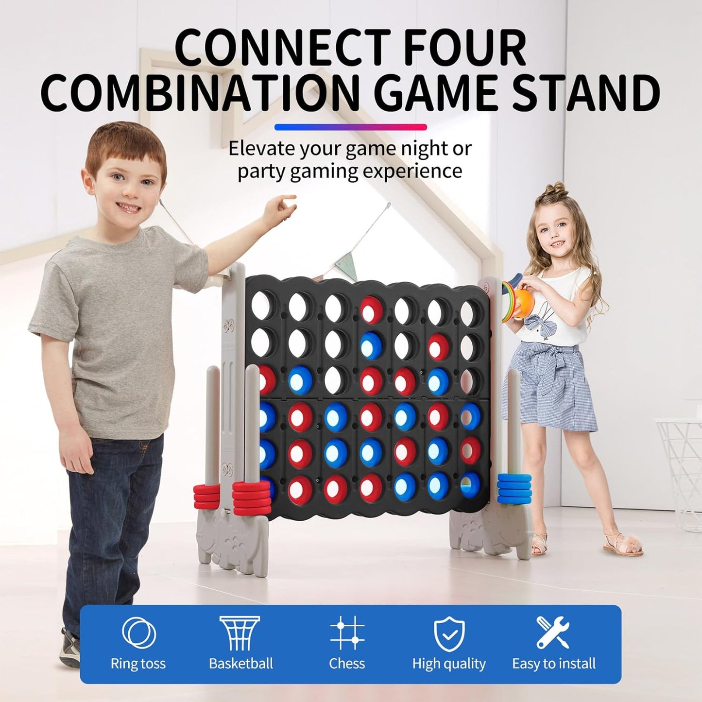 UNICOO Giant 4-in-A-Row with Carry Bag, Ring Toss, Basketball Hoop - Large Outdoor Game for Family Fun - Big Jumbo Game Set for Backyard Parties, BBQs, and Gatherings (Black & Grey)