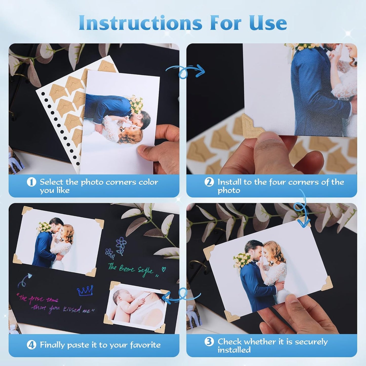 15 Sheets 360 PCS White Acid-Free Photo Corners Notebook, Self-Adhesive Photo Corners for DIY Photo Album Journal, Photo Corner Stickers for Trip Journal Memory Book